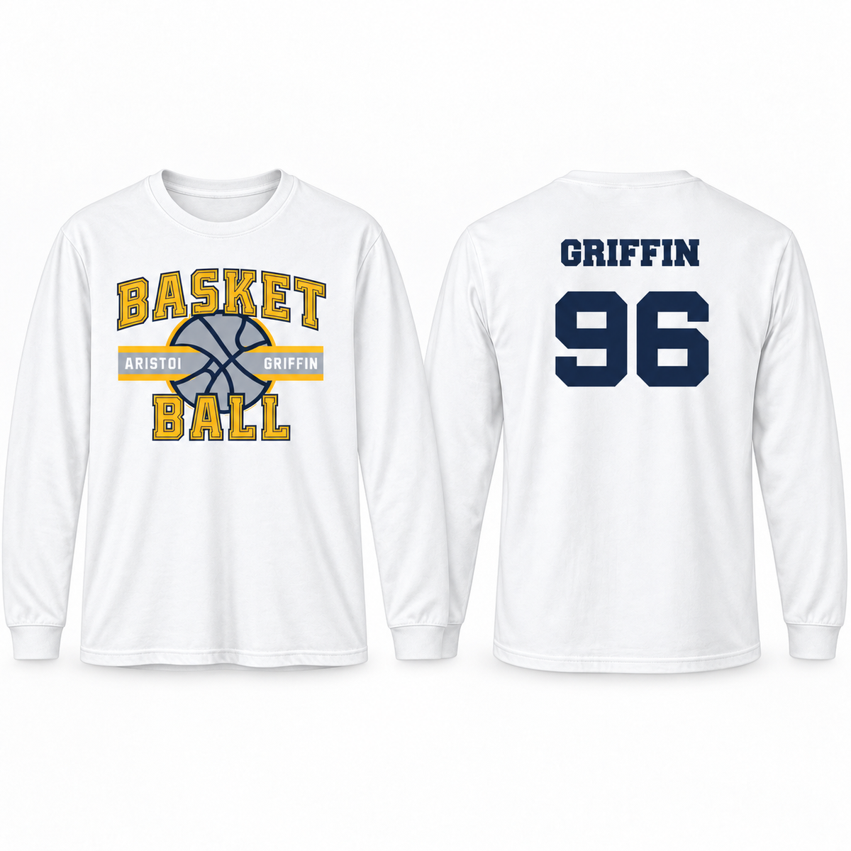 Basketball white custom name and number cotton long sleeve front and back