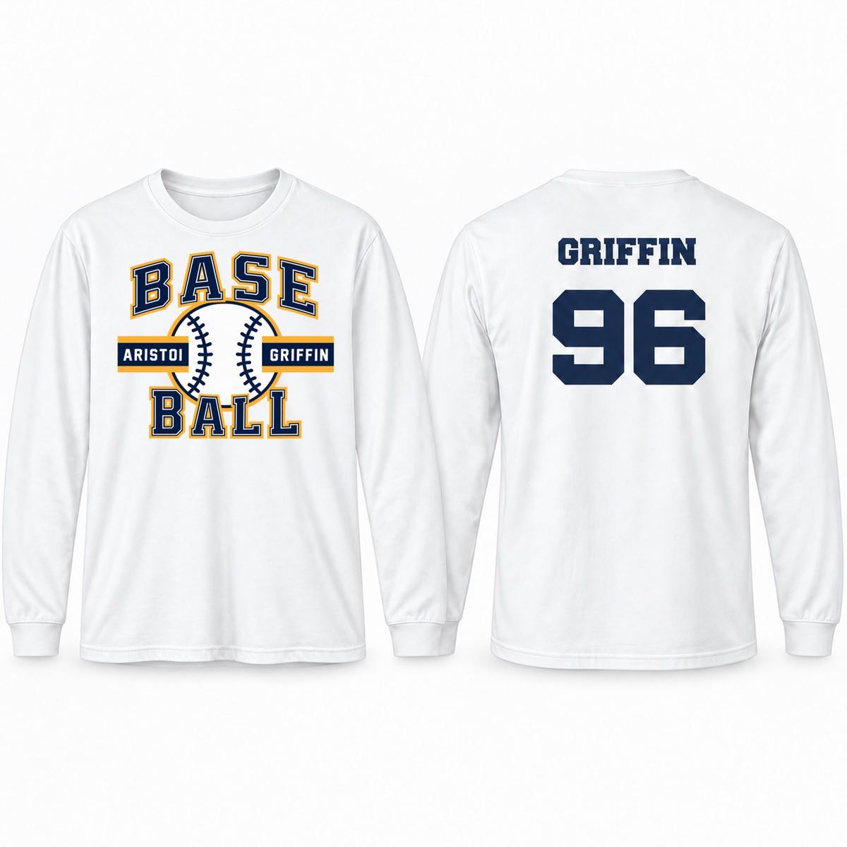 Baseball Varsity Custom Name & Number 100% Cotton Long Sleeve Tee — White mockup; centered front artwork, 10% smaller