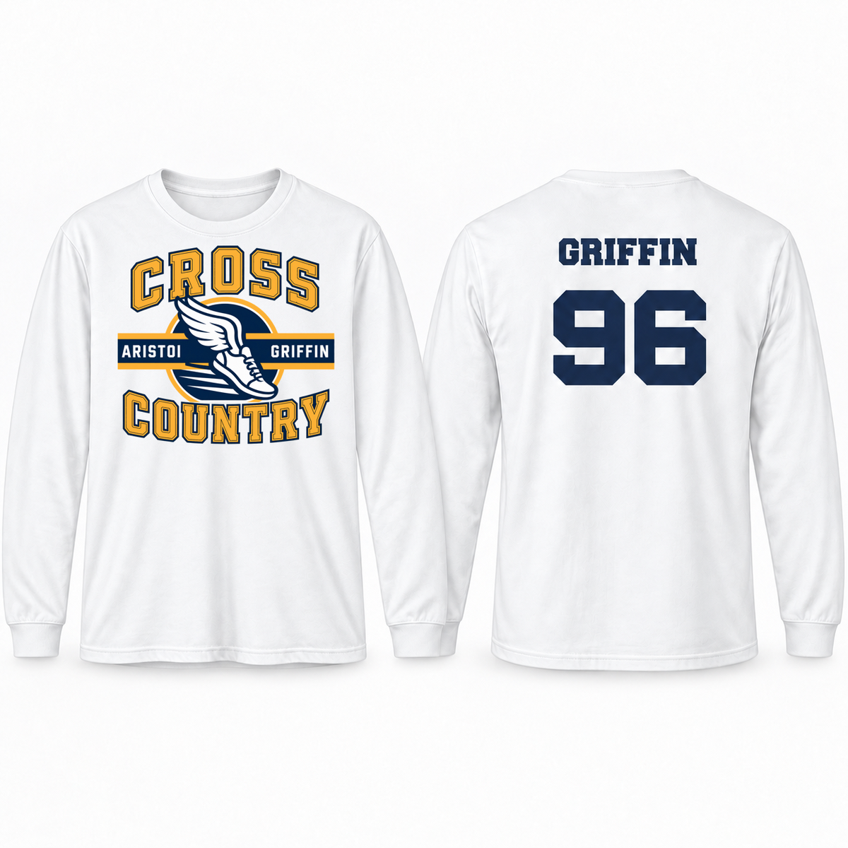 Cross Country Varsity Custom Name & Number Long Sleeve Performance Tee — White mockup; centered front artwork, 10% smaller