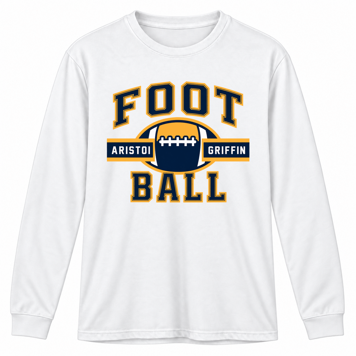 Football Varsity 100% Cotton Long Sleeve Tee — White mockup; centered front artwork, 10% smaller