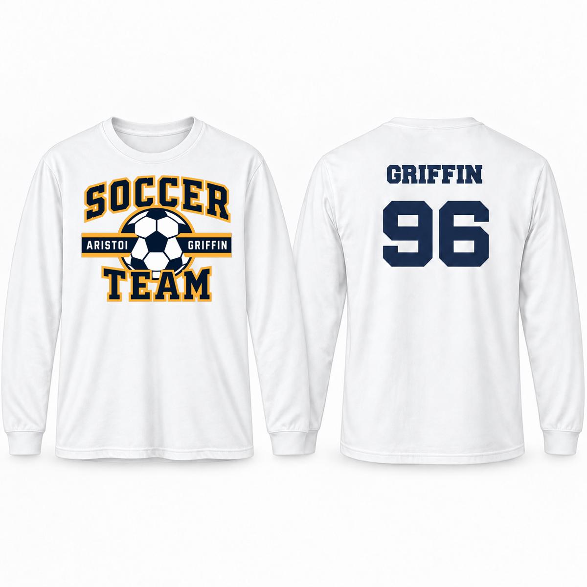 Soccer Varsity Custom Name & Number 100% Cotton Long Sleeve Tee — White mockup; centered front artwork, 10% smaller