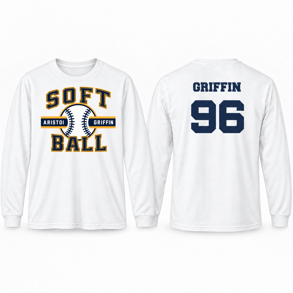 Softball Varsity Custom Name & Number 100% Cotton Long Sleeve Tee — White mockup; centered front artwork, 10% smaller