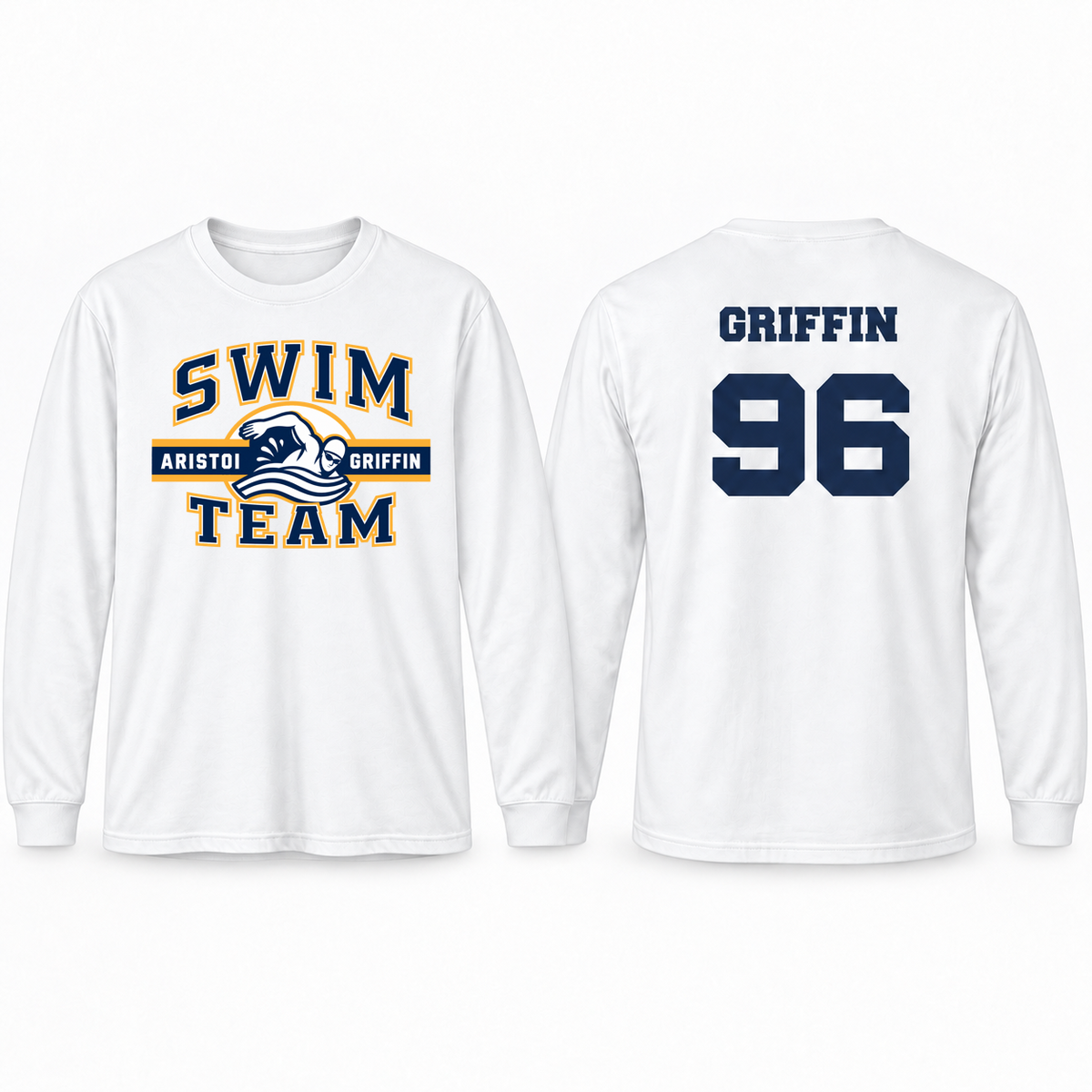 Swimming Varsity Custom Name & Number 100% Cotton Long Sleeve Tee — White mockup; centered front artwork, 10% smaller
