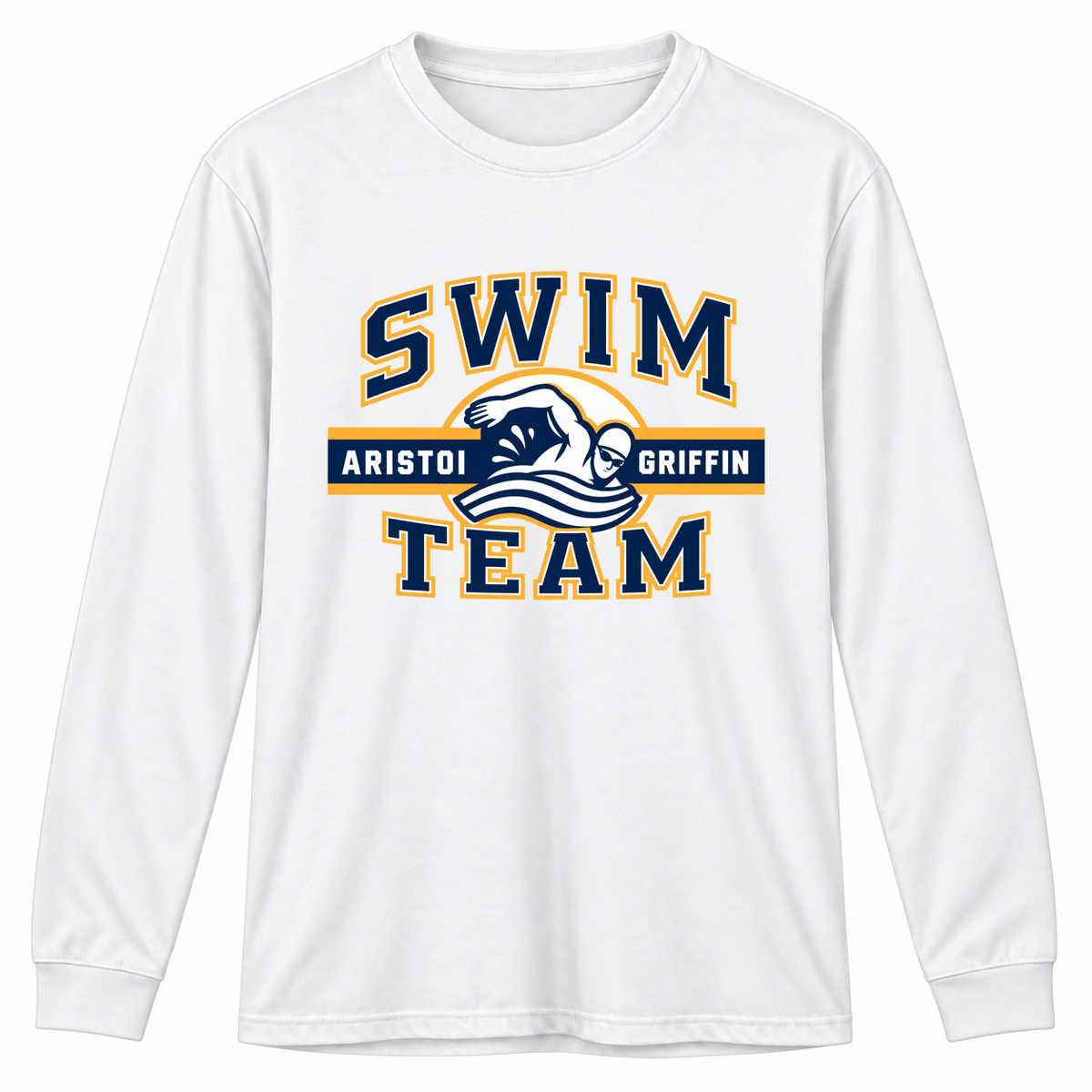 Swimming Varsity 100% Cotton Long Sleeve Tee — White mockup; centered front artwork, 10% smaller