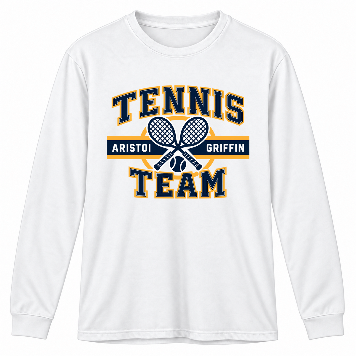 Tennis Varsity 100% Cotton Long Sleeve Tee — White mockup; centered front artwork, 10% smaller
