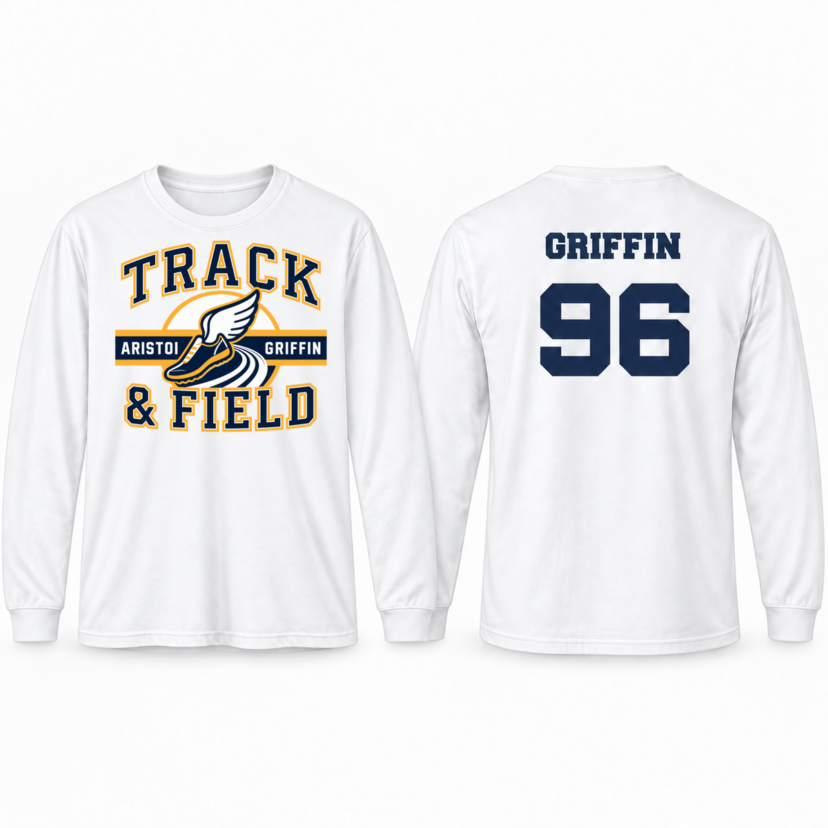 Track & Field Varsity Custom Name & Number 100% Cotton Long Sleeve Tee — White mockup; centered front artwork, 10% smaller