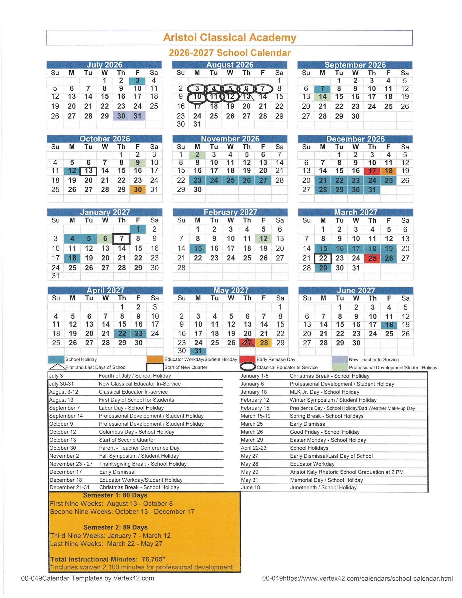 Aristoi Classical Academy 2026–2027b School Calendar