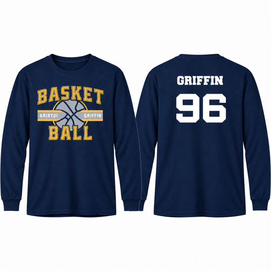 Basketball navy custom name and number cotton long sleeve front and back