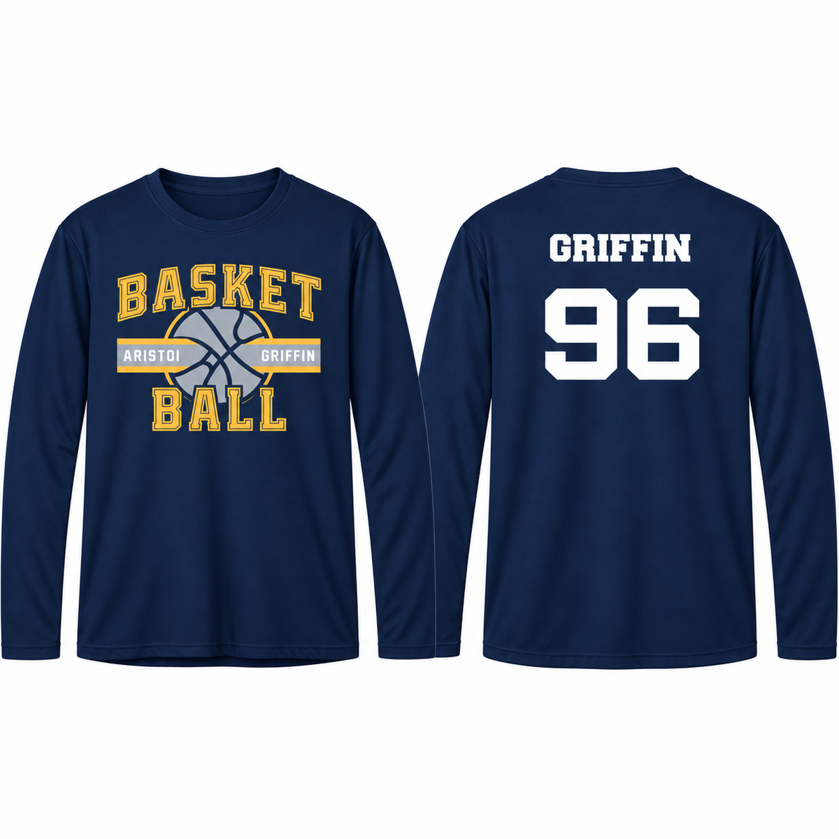 Basketball navy custom name and number performance long sleeve front and back