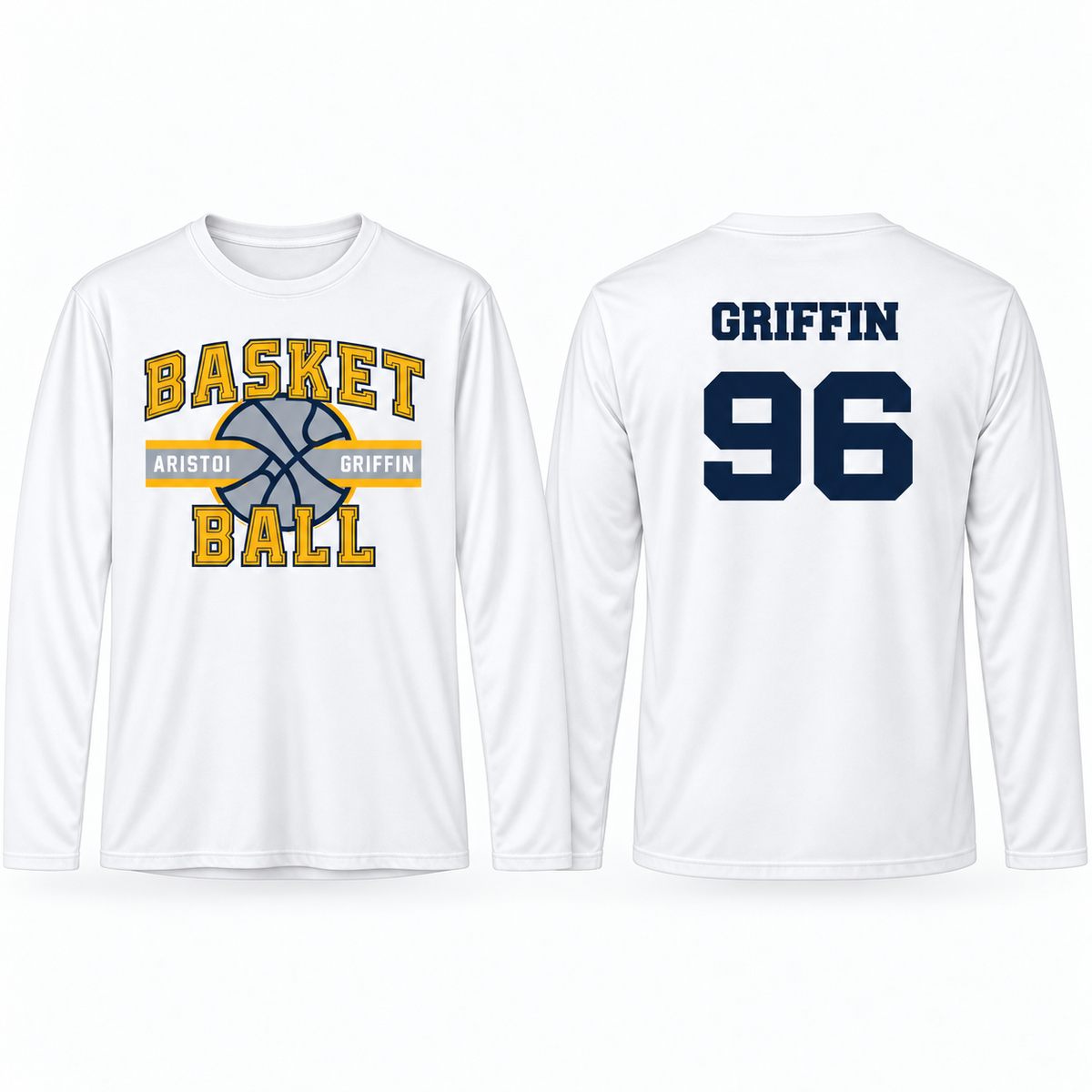 Basketball white custom name and number performance long sleeve front and back