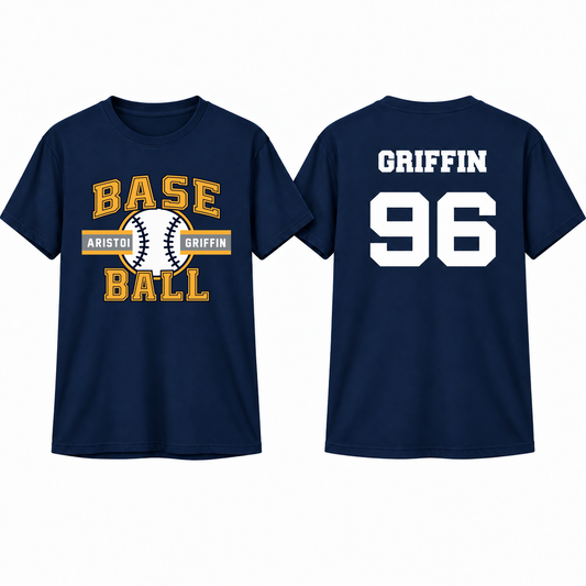 Baseball Varsity Custom Name & Number Performance Tee — Navy mockup; centered front artwork, 10% smaller