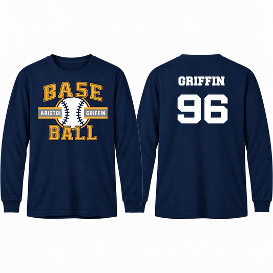 Baseball Varsity Custom Name & Number 100% Cotton Long Sleeve Tee — Navy mockup; centered front artwork, 10% smaller