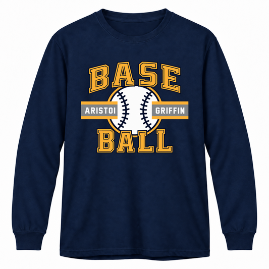 Baseball Varsity Long Sleeve Performance Tee — Navy mockup; centered front artwork, 10% smaller
