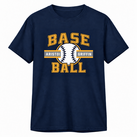 Baseball Varsity 100% Cotton Tee — Navy mockup; centered front artwork, 10% smaller