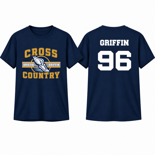 Cross Country Varsity Custom Name & Number 100% Cotton Tee — Navy mockup; centered front artwork, 10% smaller