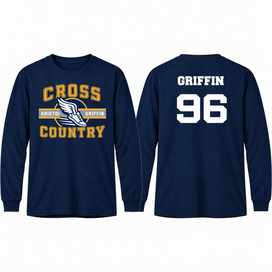 Cross Country Varsity Custom Name & Number 100% Cotton Long Sleeve Tee — Navy mockup; centered front artwork, 10% smaller