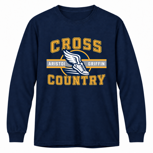 Cross Country Varsity 100% Cotton Long Sleeve Tee — Navy mockup; centered front artwork, 10% smaller