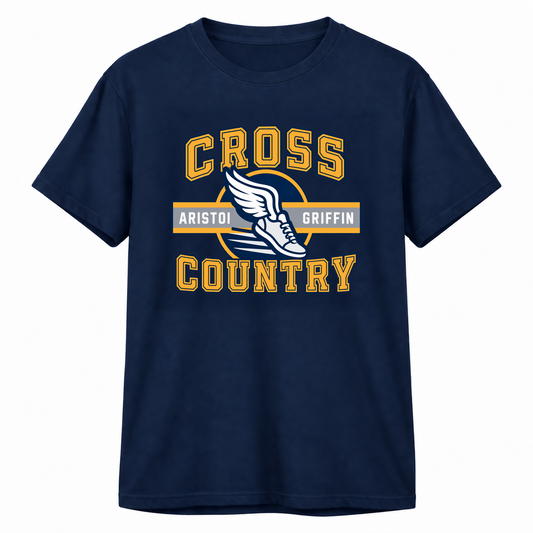 Cross Country Varsity 100% Cotton Tee — Navy mockup; centered front artwork, 10% smaller