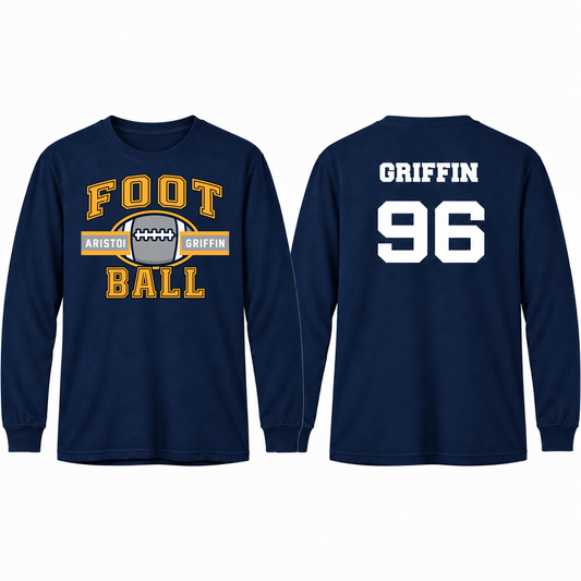 Football Varsity Custom Name & Number 100% Cotton Long Sleeve Tee — Navy mockup; centered front artwork, 10% smaller