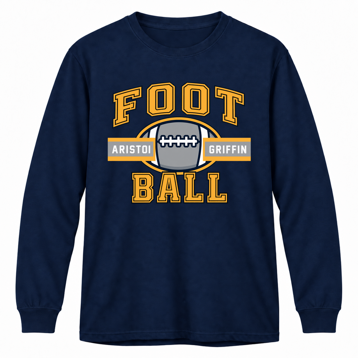 Football Varsity 100% Cotton Long Sleeve Tee — Navy mockup; centered front artwork, 10% smaller