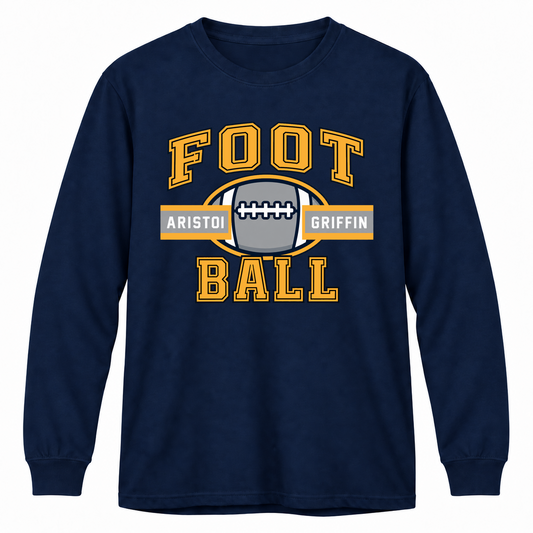 Football Varsity 100% Cotton Long Sleeve Tee — Navy mockup; centered front artwork, 10% smaller