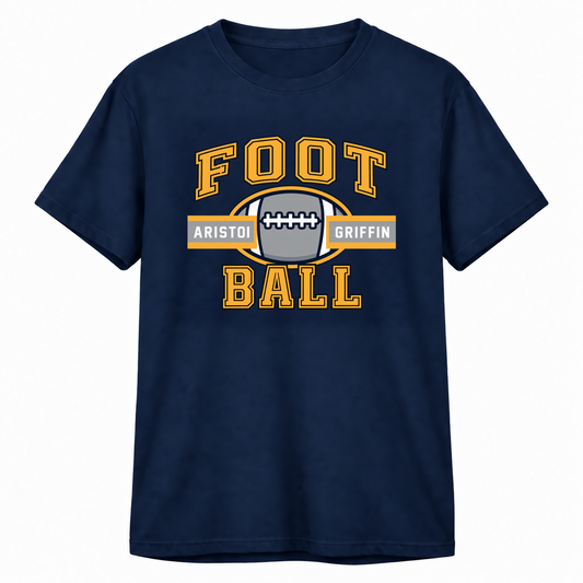 Football Varsity Performance Tee — Navy mockup; centered front artwork, 10% smaller