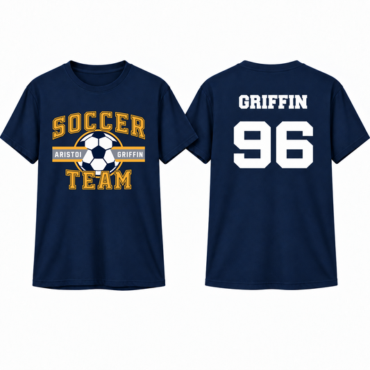 Soccer Varsity Custom Name & Number 100% Cotton Tee — Navy mockup; centered front artwork, 10% smaller