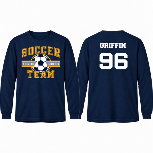 Soccer Varsity Custom Name & Number 100% Cotton Long Sleeve Tee — Navy mockup; centered front artwork, 10% smaller