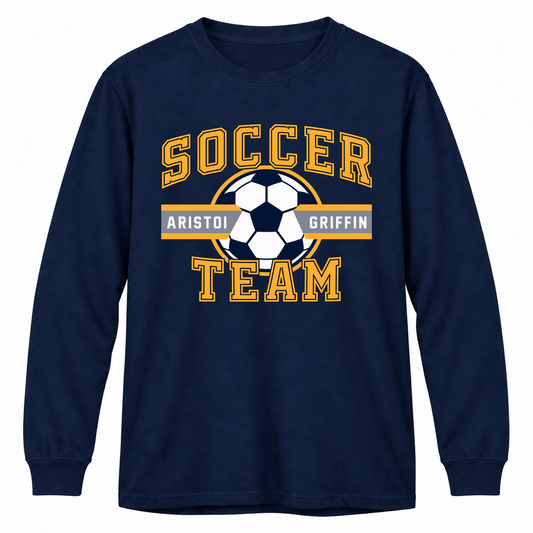 Soccer Varsity Long Sleeve Performance Tee — Navy mockup; centered front artwork, 10% smaller
