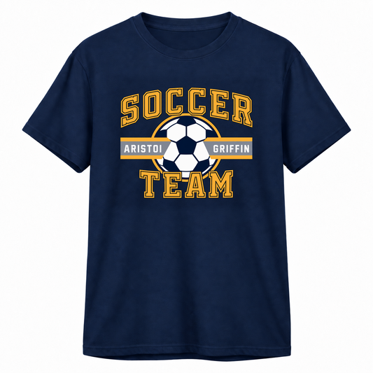 Soccer Varsity 100% Cotton Tee — Navy mockup; centered front artwork, 10% smaller