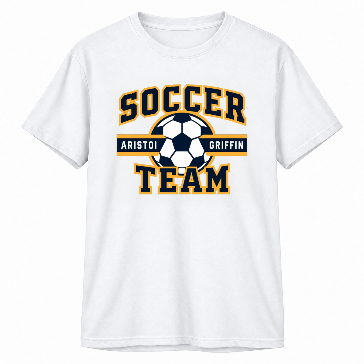 Soccer Varsity 100% Cotton Tee — White mockup; centered front artwork, 10% smaller