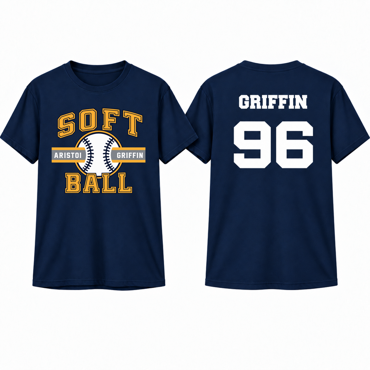 Softball Varsity Custom Name & Number Performance Tee — Navy mockup; centered front artwork, 10% smaller