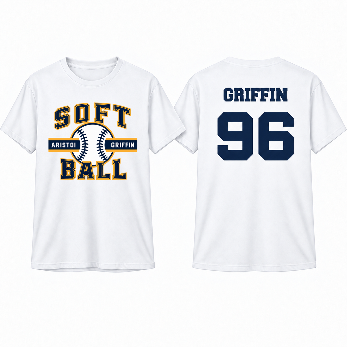 Softball Varsity Custom Name & Number 100% Cotton Tee — White mockup; centered front artwork, 10% smaller