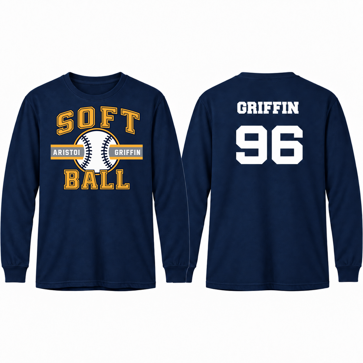 Softball Varsity Custom Name & Number 100% Cotton Long Sleeve Tee — Navy mockup; centered front artwork, 10% smaller