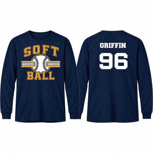 Softball Varsity Custom Name & Number Long Sleeve Performance Tee — Navy mockup; centered front artwork, 10% smaller