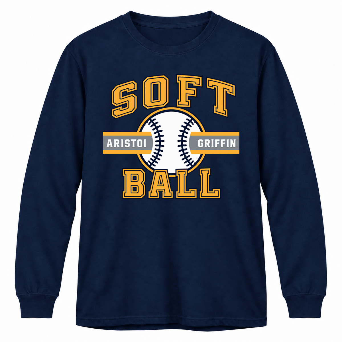 Softball Varsity 100% Cotton Long Sleeve Tee — Navy mockup; centered front artwork, 10% smaller