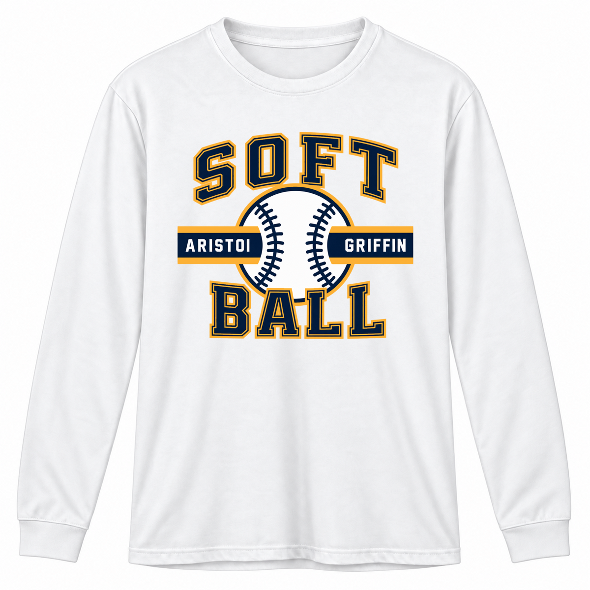 Softball Varsity Long Sleeve Performance Tee — White mockup; centered front artwork, 10% smaller