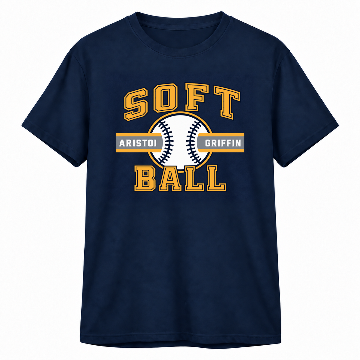 Softball Varsity Performance Tee — Navy mockup; centered front artwork, 10% smaller
