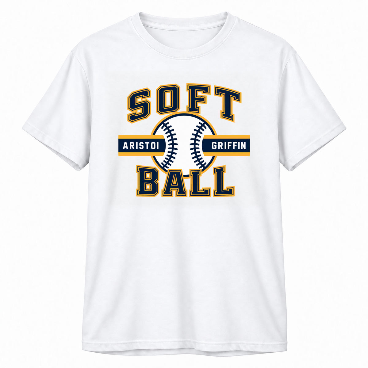 Softball Varsity 100% Cotton Tee — White mockup; centered front artwork, 10% smaller