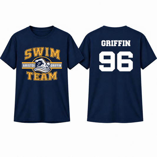 Swimming Varsity Custom Name & Number Performance Tee — Navy mockup; centered front artwork, 10% smaller