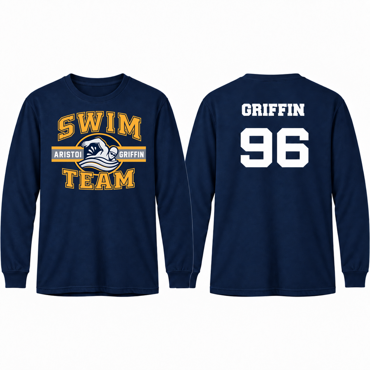 Swimming Varsity Custom Name & Number 100% Cotton Long Sleeve Tee — Navy mockup; centered front artwork, 10% smaller