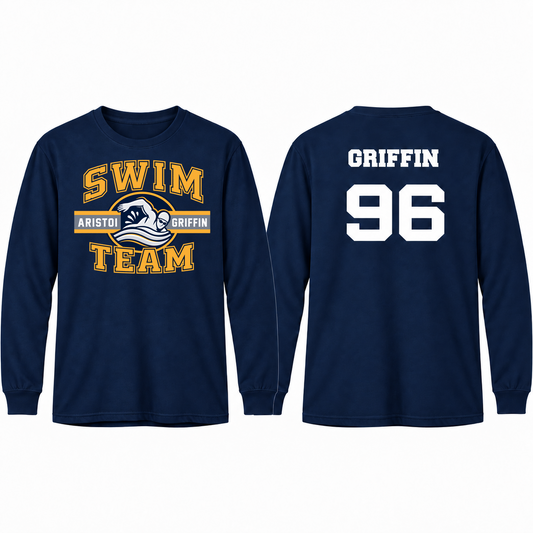 Swimming Varsity Custom Name & Number Long Sleeve Performance Tee — Navy mockup; centered front artwork, 10% smaller
