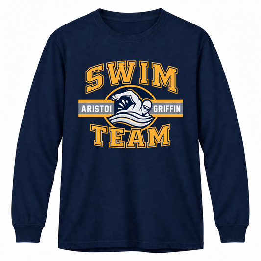 Swimming Varsity Long Sleeve Performance Tee — Navy mockup; centered front artwork, 10% smaller