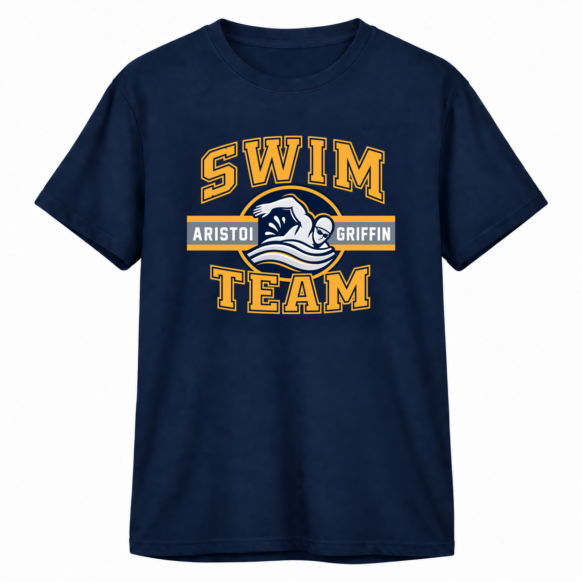 Swimming Varsity 100% Cotton Tee — Navy mockup; centered front artwork, 10% smaller
