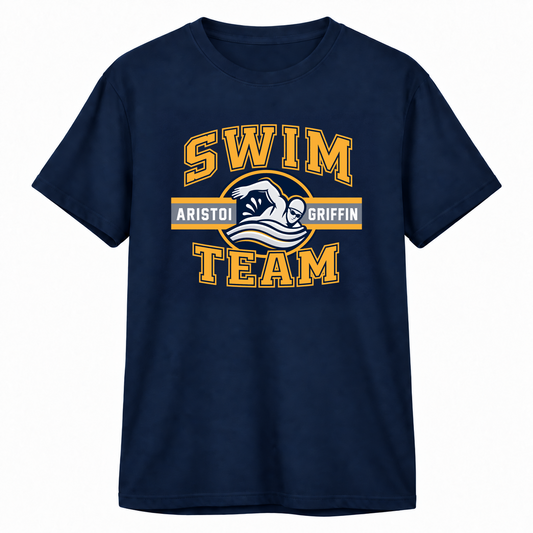 Swimming Varsity 100% Cotton Tee — Navy mockup; centered front artwork, 10% smaller