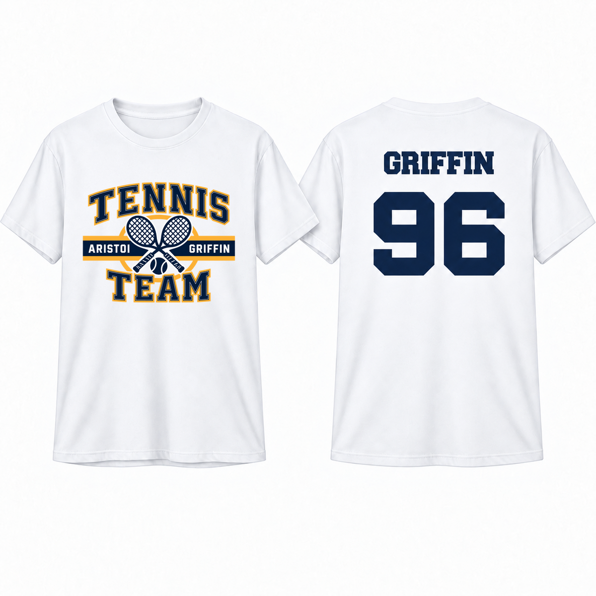 Tennis Varsity Custom Name & Number 100% Cotton Tee — White mockup; centered front artwork, 10% smaller