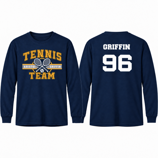 Tennis Varsity Custom Name & Number Long Sleeve Performance Tee — Navy mockup; centered front artwork, 10% smaller