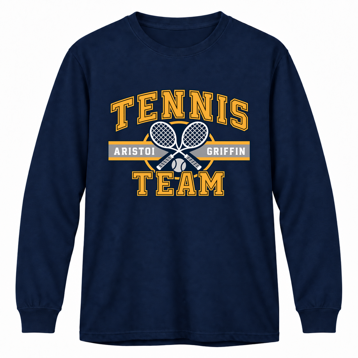 Tennis Varsity 100% Cotton Long Sleeve Tee — Navy mockup; centered front artwork, 10% smaller