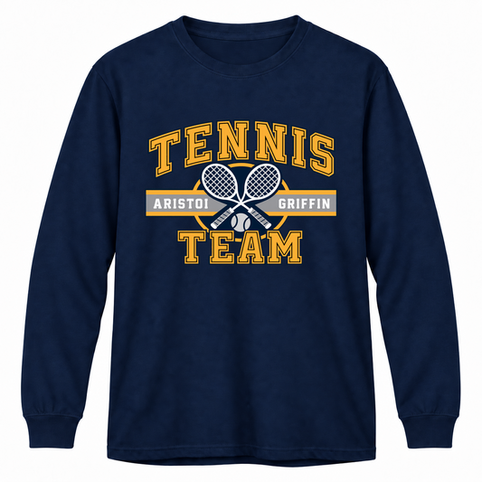 Tennis Varsity Long Sleeve Performance Tee — Navy mockup; centered front artwork, 10% smaller