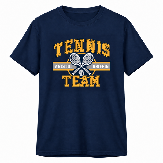 Tennis Varsity 100% Cotton Tee — Navy mockup; centered front artwork, 10% smaller